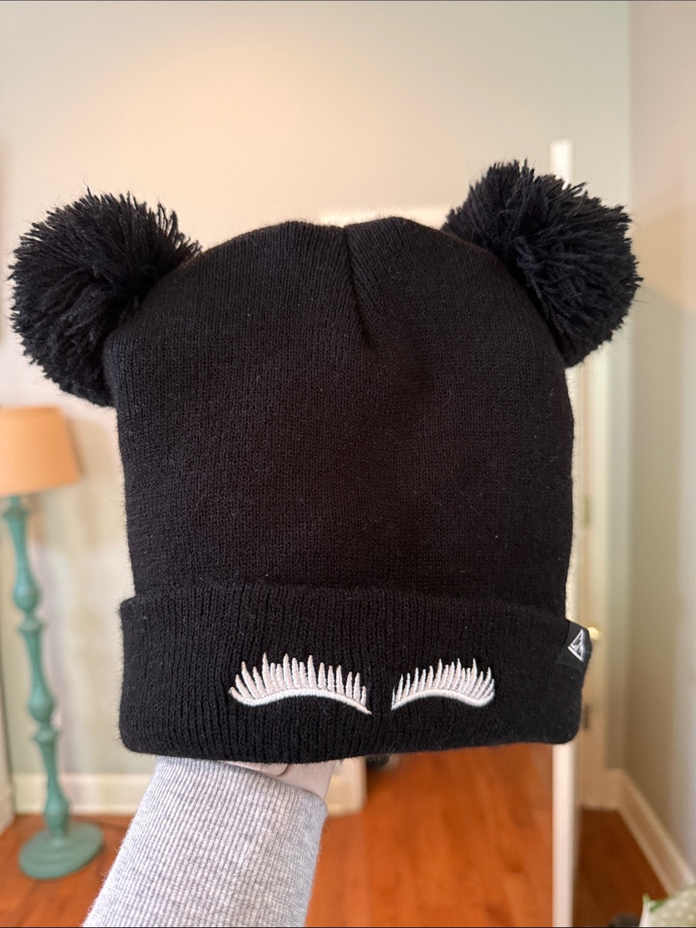 Chillmeister Black Pom-Pom Kids Beanie with Eyelash Embroidery